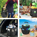 Premium Black Gardening Storage Bag made of durable 600D Oxford cloth, features 6 deep side pockets for small hand tools, spray bottles, beverages, and more. Equipped with an aluminum alloy handle wrapped in EVA molding for enhanced comfort and longevity.
