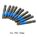 10Pcs Magnetic Anti Skid Electric Screwdriver Bits Set Alloy Steel PH1 PH2 PH3 PZ1 PZ2 PZ3 Cross Screw Driver Tools, 50mm