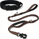 Tactical Dog Collar(17"-21") and Leash Set, Shock Absorbing Bungee Adjustable Strong Collar with Handle for Large Dogs(Brown/Black, L) -