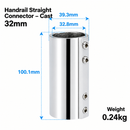 316 Stainless Steel Straight Connector for Boat Handrail, 180 Degree Round Tube Joint Fitting for Marine Railing and Yacht Hardware (22mm, Handrail Straight Connector – Cast)