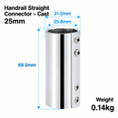 316 Stainless Steel Straight Connector for Boat Handrail, 180 Degree Round Tube Joint Fitting for Marine Railing and Yacht Hardware (25mm, Handrail Straight Connector)