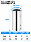 316 Stainless Steel Straight Connector for Boat Handrail, 180 Degree Round Tube Joint Fitting for Marine Railing and Yacht Hardware (32mm, Handrail Straight Connector – Cast)